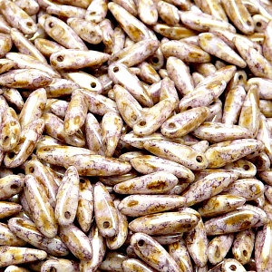 50ks České skleněné mačkané korálky jazýčky 3x11mm bílá/ fialovo hnědý senegal listr