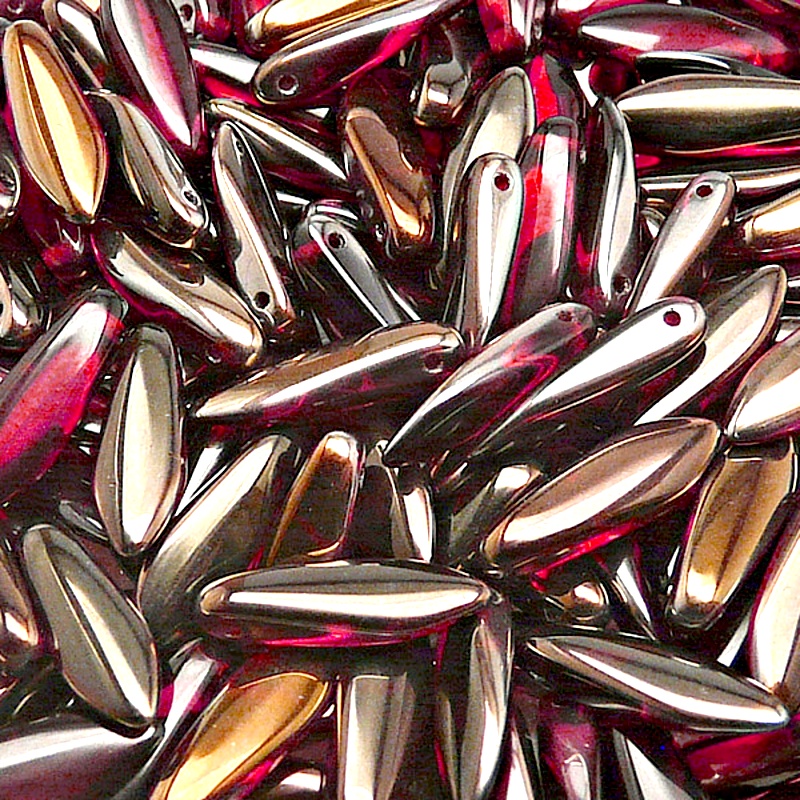 30ks České skleněné mačkané korálky jazýčky 5x16mm rubín/ valentinit polopokov