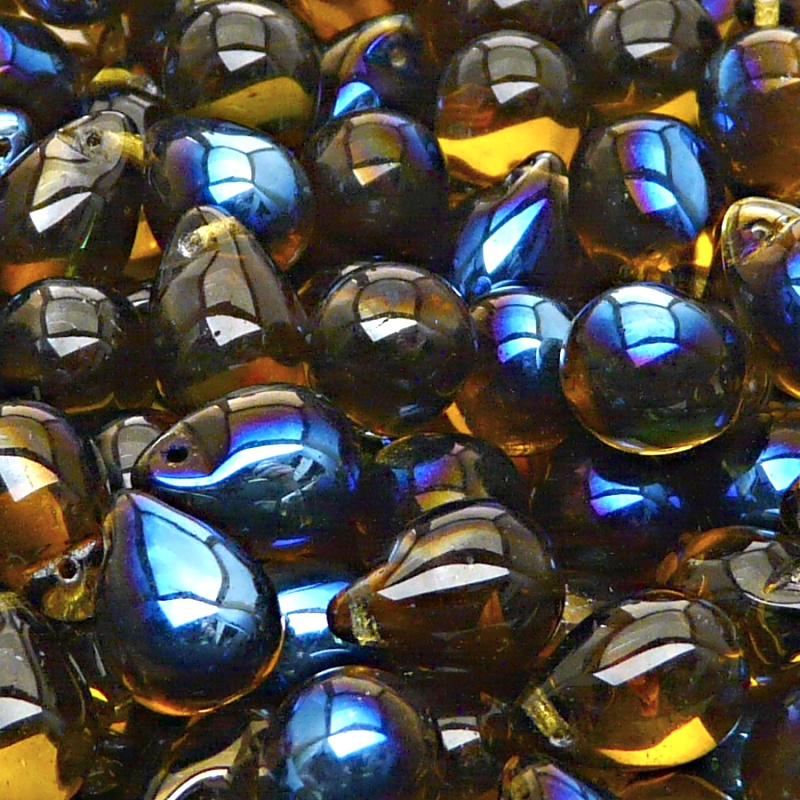 10ks České skleněné mačkané korálky kapky 10x14mm topas/ azuro polopokov