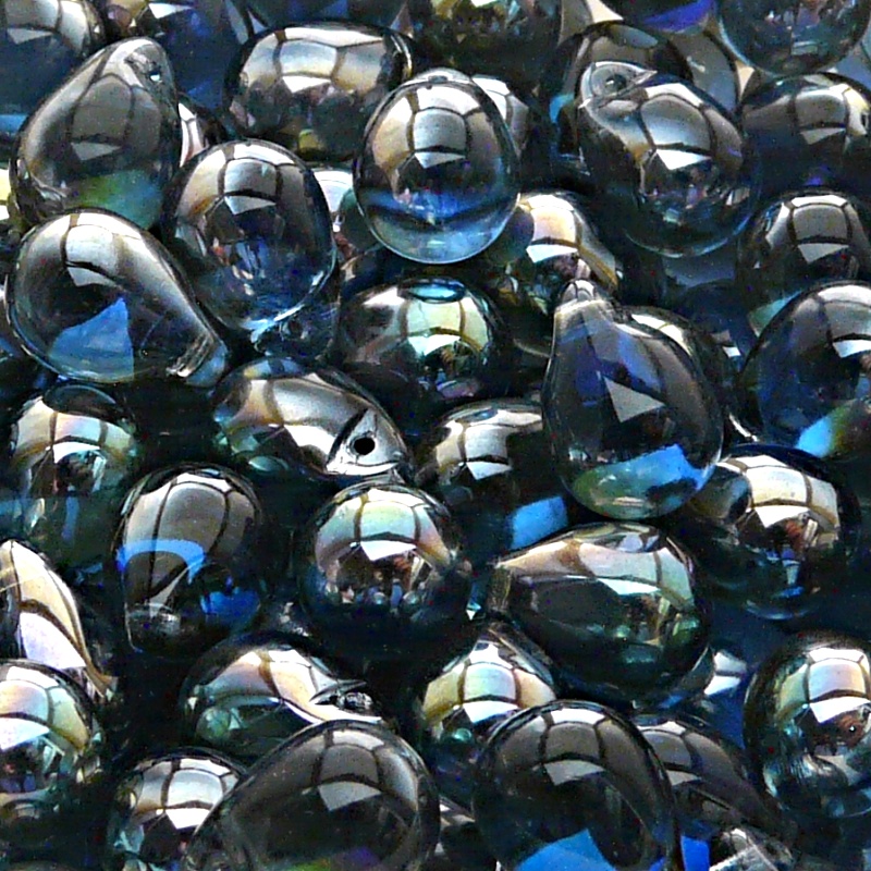 10ks České skleněné mačkané korálky kapky 10x14mm safír/ celsian polopokov
