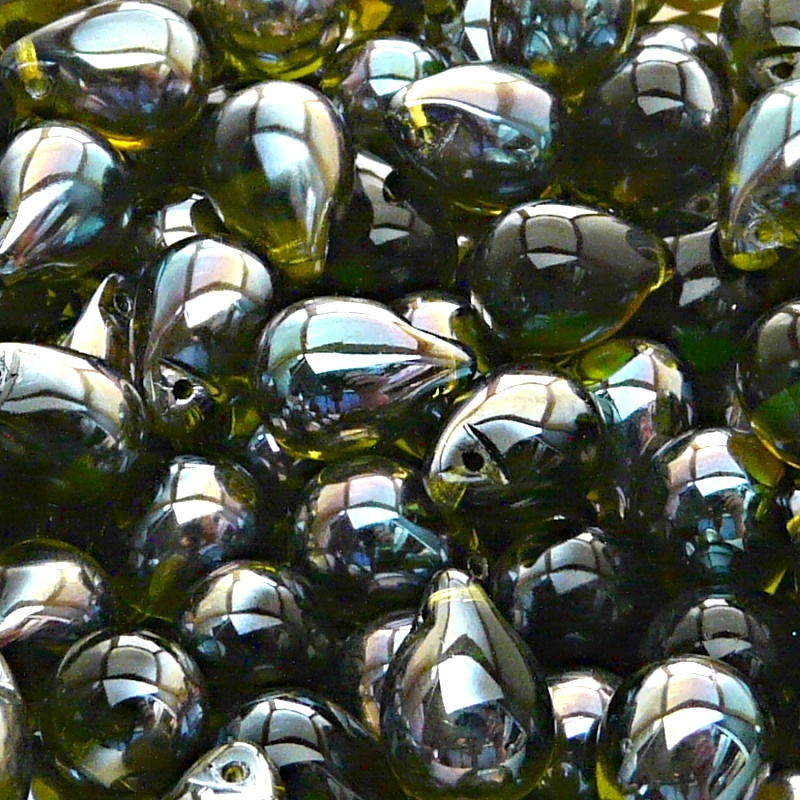 10ks České skleněné mačkané korálky kapky 10x14mm olivín/ celsian polopokov