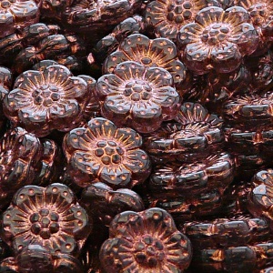8ks České skleněné mačkané korálky kytičky ploché 14mm ametyst/ bronzový zátěr