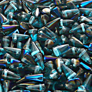 50ks České skleněné mačkané korálky trny 5x8mm světlá akva/ azuro polopokov